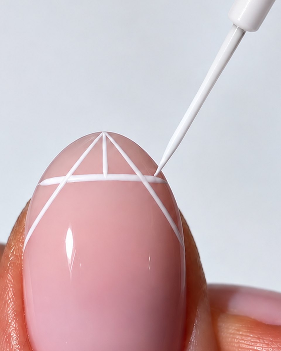 The thin tapered brush drawing fine white guide lines on a nail tip