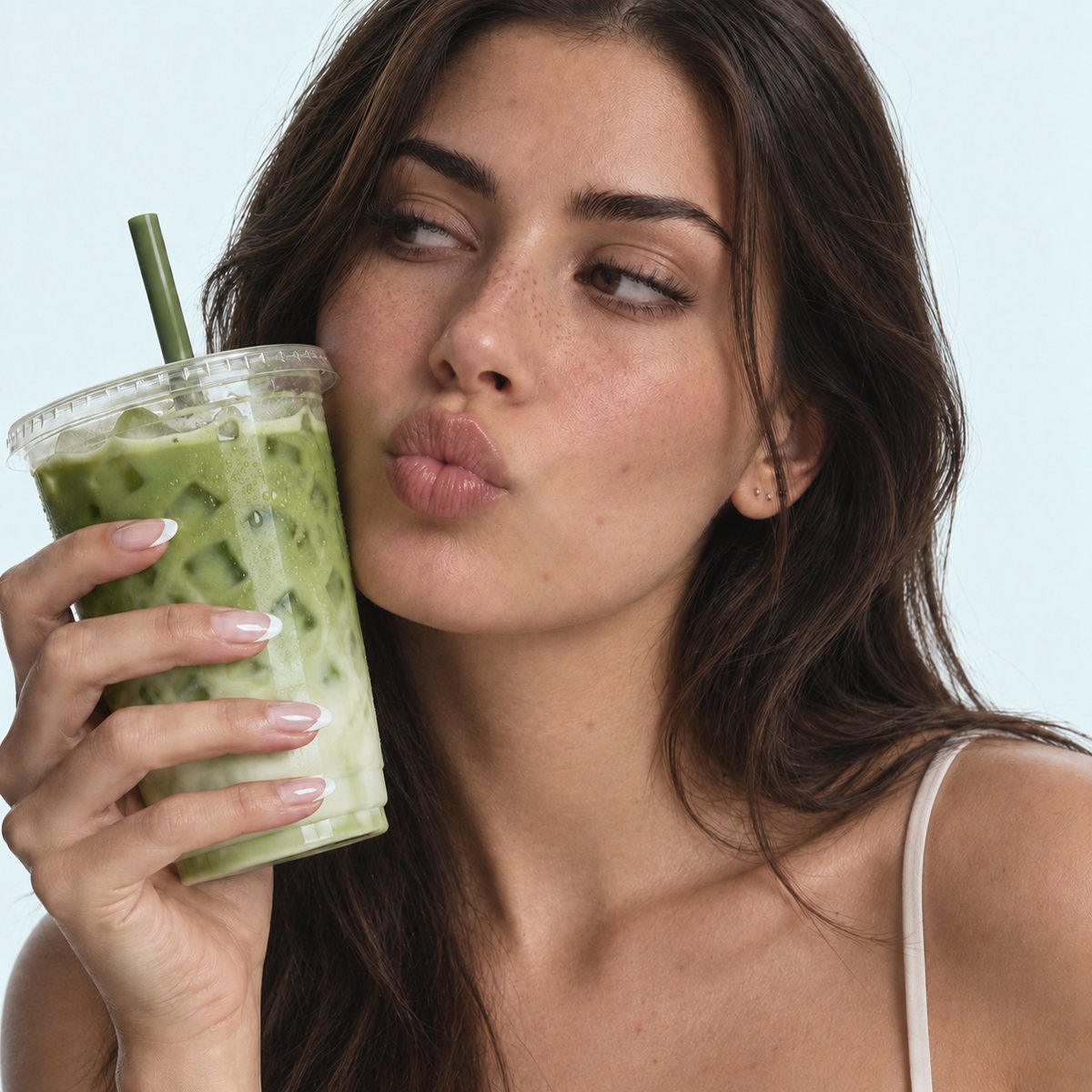 A white french tip manicure holding an iced matcha