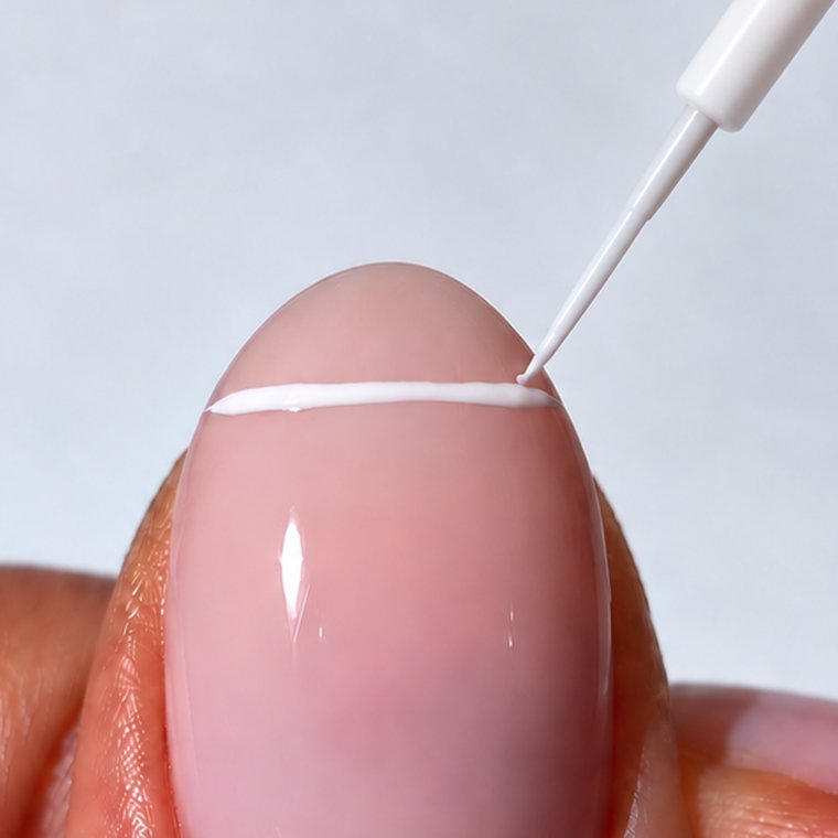 Step one, a horizontal white line drawn across the nail tip