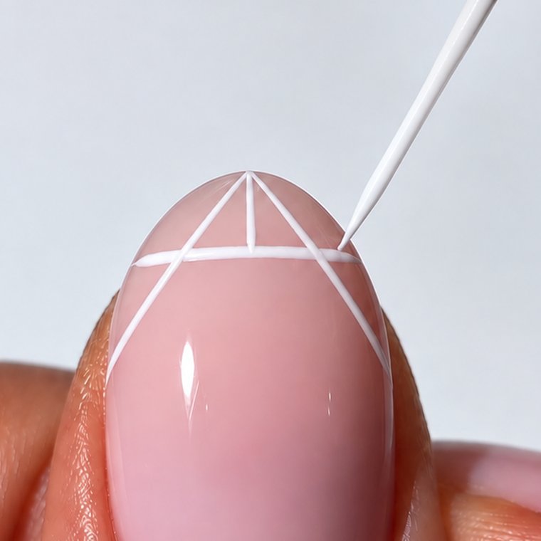 Step three, two straight scaffold lines running from the centre down to each side of the nail